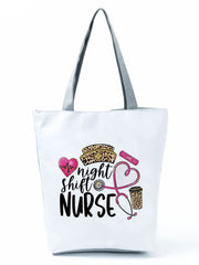 Cartoon Ladies Nurse Printed Handbag Foldable High Capacity Women Shoulder Bag Eco Reusable Shopping Bag Chic Travel Beach Bag