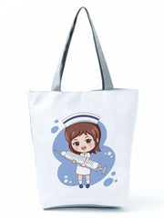 Cartoon Ladies Nurse Printed Handbag Foldable High Capacity Women Shoulder Bag Eco Reusable Shopping Bag Chic Travel Beach Bag