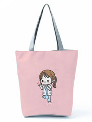 Cartoon Ladies Nurse Printed Handbag Foldable High Capacity Women Shoulder Bag Eco Reusable Shopping Bag Chic Travel Beach Bag