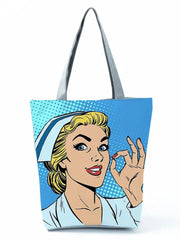 Cartoon Ladies Nurse Printed Handbag Foldable High Capacity Women Shoulder Bag Eco Reusable Shopping Bag Chic Travel Beach Bag