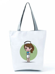 Cartoon Ladies Nurse Printed Handbag Foldable High Capacity Women Shoulder Bag Eco Reusable Shopping Bag Chic Travel Beach Bag