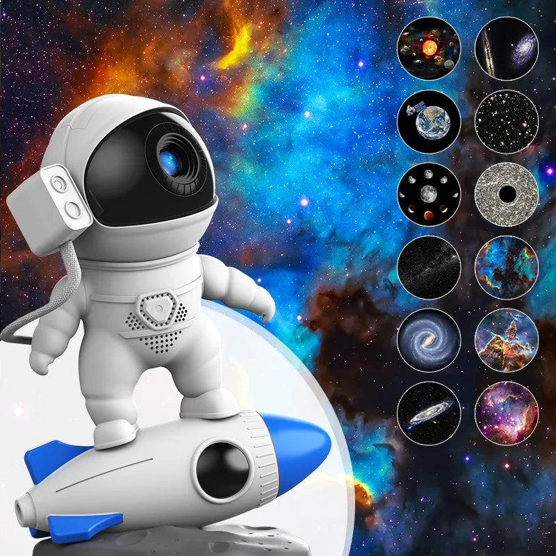 Rocket Astronaut Galaxy Projector Night Light Lamp And 13 Film Pieces Sky Projector 360° Rotate Planetarium For Kids Bedroom