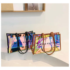 Laser Transparent Shopping Bag Casual Large Capacity Pvc Fruit Shoulder Bag Women'S Printed Letter Tote Bag Waterproof Handbag