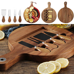 Bamboo Cheese Board Set Round Rotate Charcuterie Boards 4 Knives Sets Scoop Cut Cheese Platter Outdoor Tray Kitchen Tools