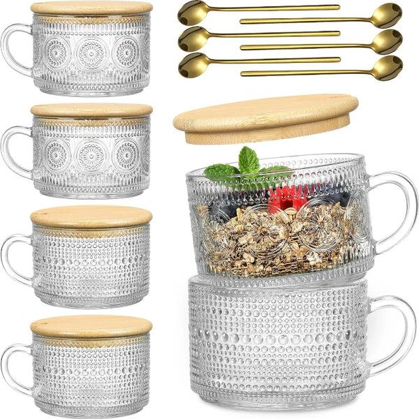 Set Vintage Coffee Mugs Overnight Oats Containers with Bamboo Lids and Spoons 14oz Clear Embossed Glass Cups Iced Coffee Glasses