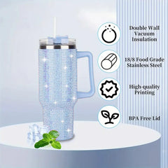 Sparkling Studded Tumbler With Lid, 40oz Stainless Steel Insulated Water Bottle With Handle, Portable Drinking Cups, For Car