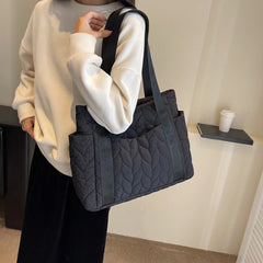 Winter Retro Nylon Multi Pocket Tote Handbag Quilted Embroidered Women's Underarm Bag Fashion Puffer Large Capacity Shoulder Bag