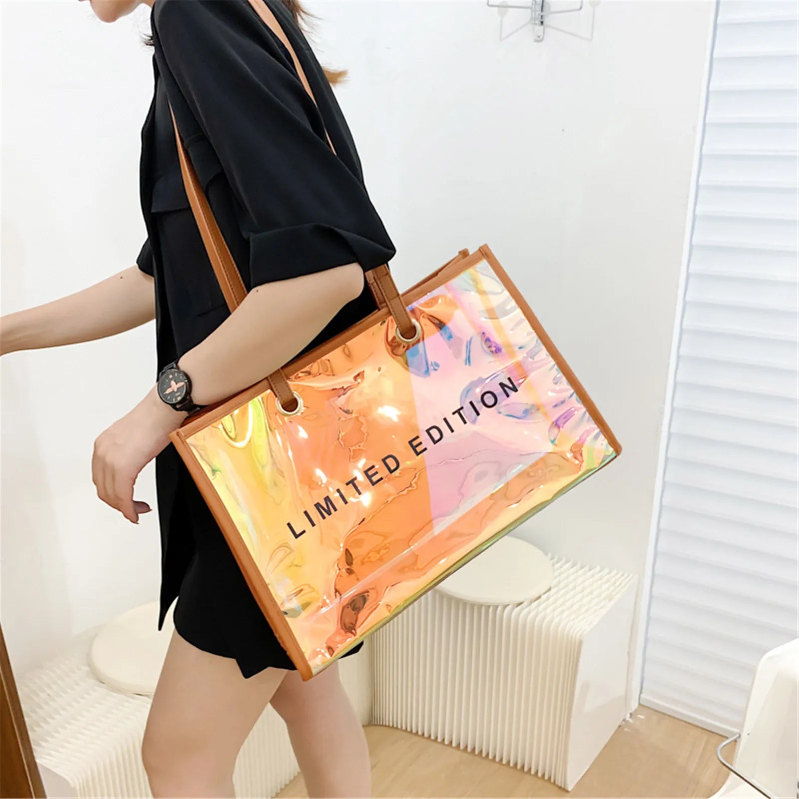 Laser Transparent Shopping Bag Casual Large Capacity Pvc Fruit Shoulder Bag Women'S Printed Letter Tote Bag Waterproof Handbag