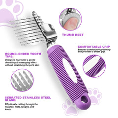 Pet Dematting Fur Rake Comb Brush Tool Dog and Cat Comb with Long Safety Blades for Detangling Matted or Knotted Undercoat Hair