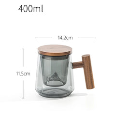 Chinese Style Glass Tea Infuser Cup With Transparent Mountain Filter Wooden Handle Lid Heat-resistant Teacup Office Water Mug