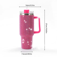 Sparkling Studded Tumbler With Lid, 40oz Stainless Steel Insulated Water Bottle With Handle, Portable Drinking Cups, For Car