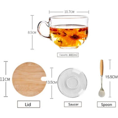 16oz Morning Mug Clear Glass Tea Cup Coffee Mug with Bamboo Lid and Saucer,Spoon Sauce cups