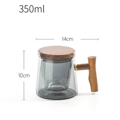 Chinese Style Glass Tea Infuser Cup With Transparent Mountain Filter Wooden Handle Lid Heat-resistant Teacup Office Water Mug