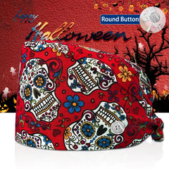 New Surgical Skull Printing Hats Adjustable Scrub Hat Beauty Salon Working Cap Laboratory Pet Shop Nursing Scrub Cap with Button