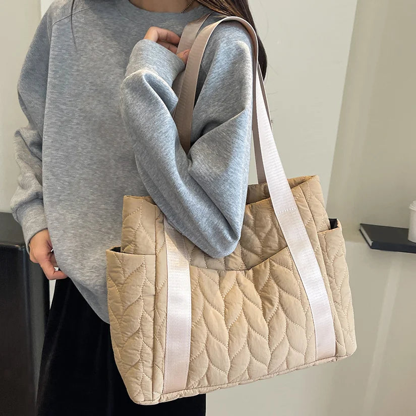 Winter Retro Nylon Multi Pocket Tote Handbag Quilted Embroidered Women's Underarm Bag Fashion Puffer Large Capacity Shoulder Bag