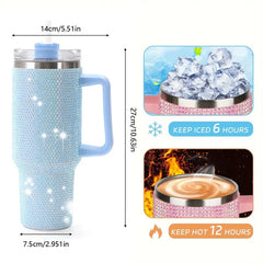 Sparkling Studded Tumbler With Lid, 40oz Stainless Steel Insulated Water Bottle With Handle, Portable Drinking Cups, For Car