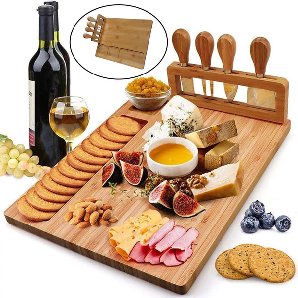 Rectangle Bamboo Cheese Board Set Unique Stainless Steel Cutlery Cheese Serving Meat Board for Gift Anniversary Man Women