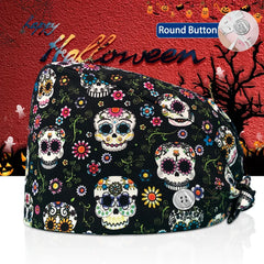 New Surgical Skull Printing Hats Adjustable Scrub Hat Beauty Salon Working Cap Laboratory Pet Shop Nursing Scrub Cap with Button