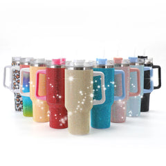 Sparkling Studded Tumbler With Lid, 40oz Stainless Steel Insulated Water Bottle With Handle, Portable Drinking Cups, For Car