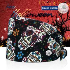 New Surgical Skull Printing Hats Adjustable Scrub Hat Beauty Salon Working Cap Laboratory Pet Shop Nursing Scrub Cap with Button