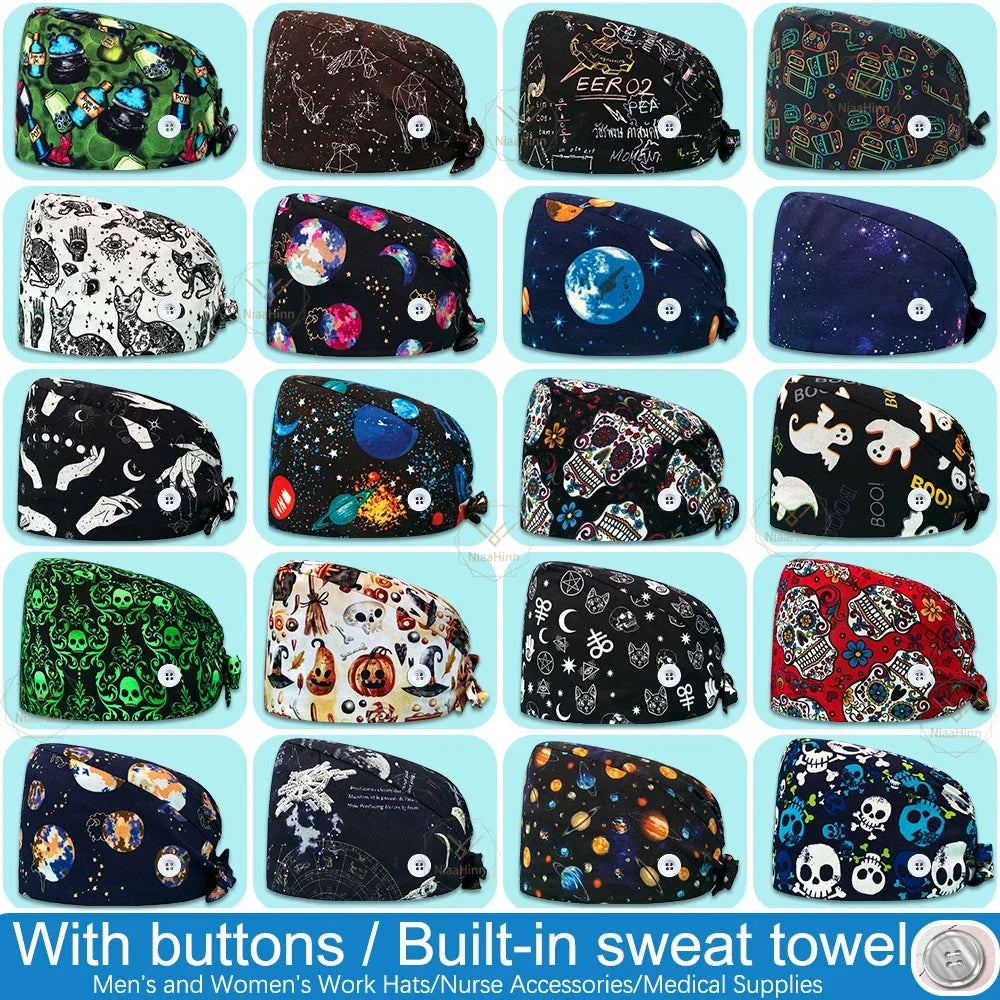 New Surgical Skull Printing Hats Adjustable Scrub Hat Beauty Salon Working Cap Laboratory Pet Shop Nursing Scrub Cap with Button