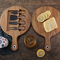 Bamboo Cheese Board Set Round Rotate Charcuterie Boards 4 Knives Sets Scoop Cut Cheese Platter Outdoor Tray Kitchen Tools