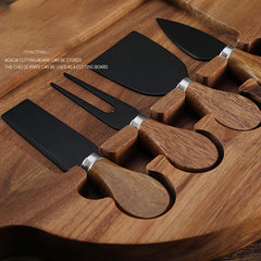 Bamboo Cheese Board Set Round Rotate Charcuterie Boards 4 Knives Sets Scoop Cut Cheese Platter Outdoor Tray Kitchen Tools