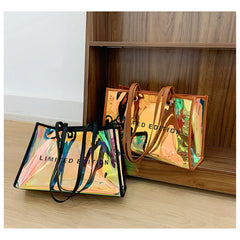 Laser Transparent Shopping Bag Casual Large Capacity Pvc Fruit Shoulder Bag Women'S Printed Letter Tote Bag Waterproof Handbag