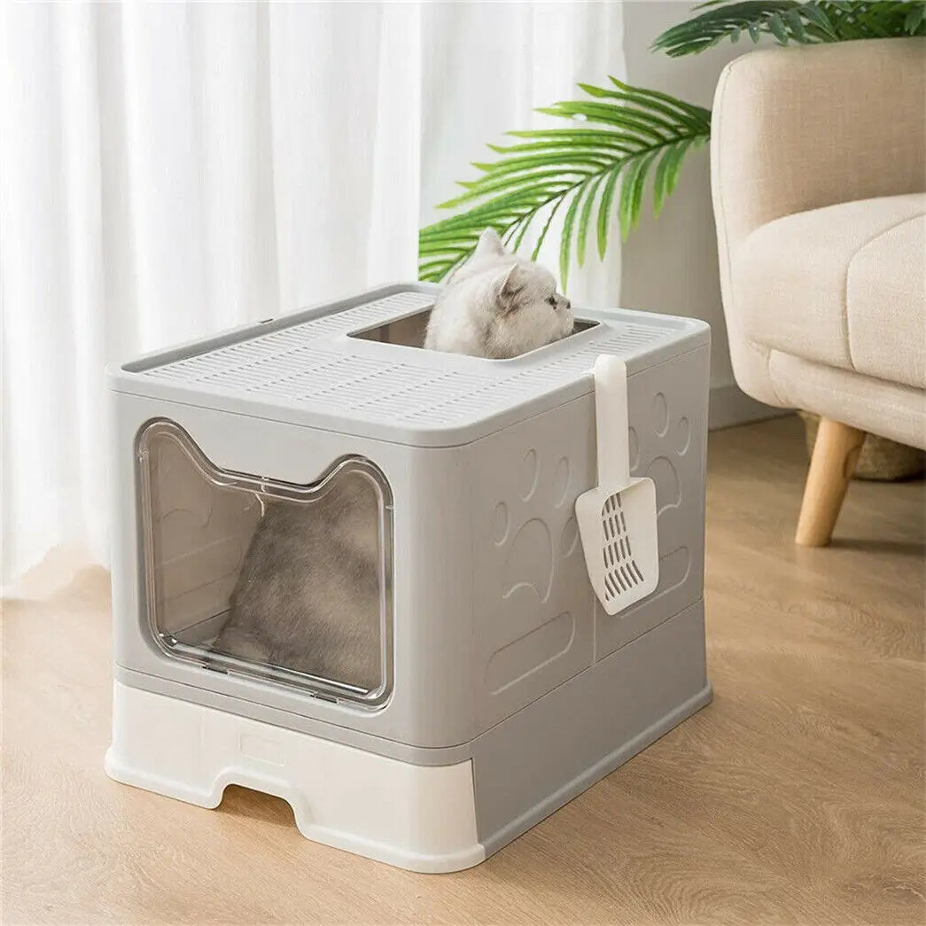 Front Entry Top Exit Cat Litter Tray Box with Scoop and Drawer Foldable Hooded Kitty Pet Toilet Extra Large