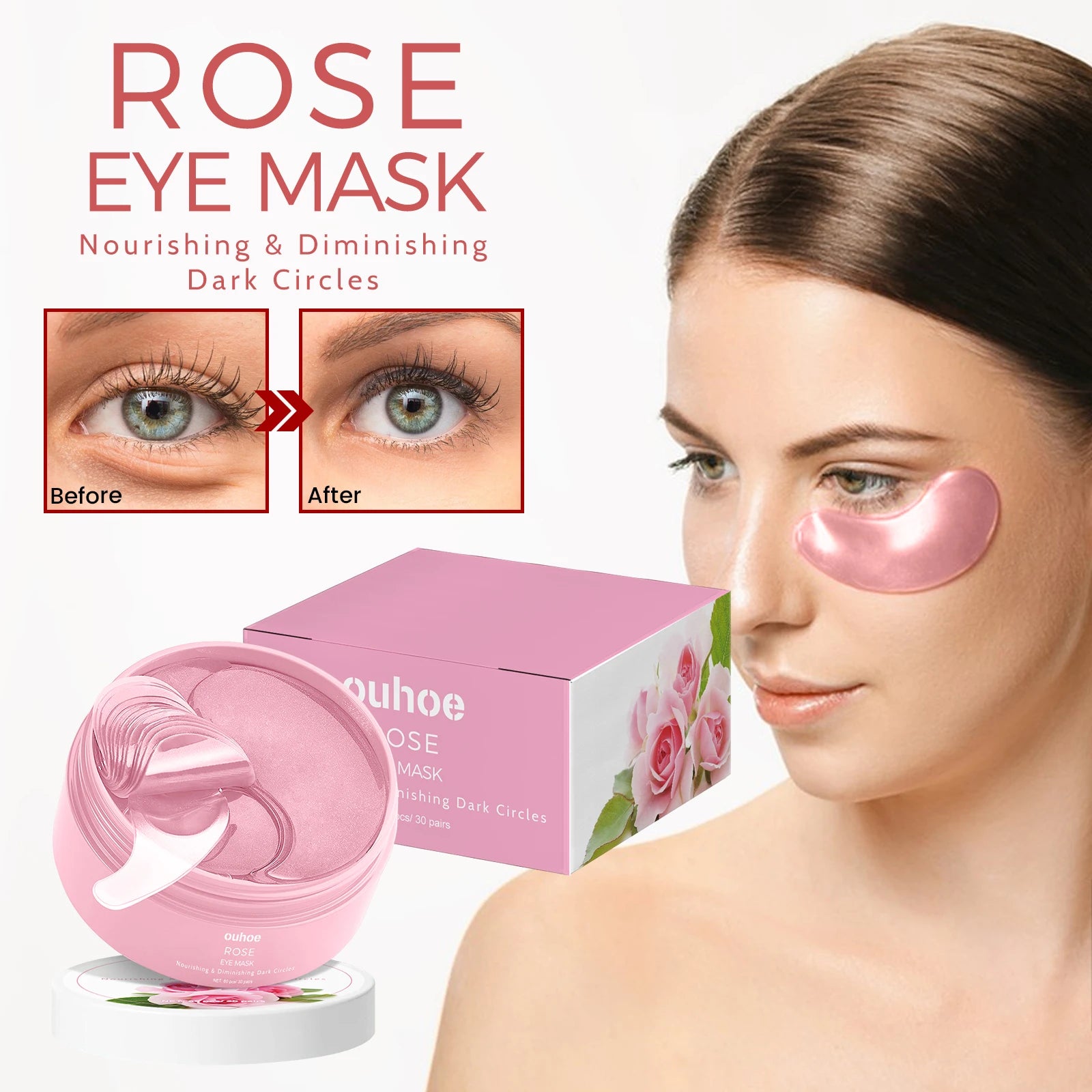 OUHOE 60pcs Rose Eye Mask Fades Fine Lines, Eye Bags, Dark Circles, Moisturizing, Moisturizing, Firming Eye Patch Care Eye Mask