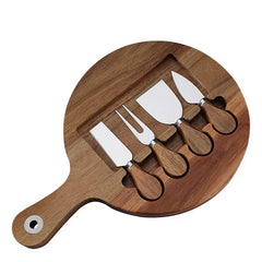 Bamboo Cheese Board Set Round Rotate Charcuterie Boards 4 Knives Sets Scoop Cut Cheese Platter Outdoor Tray Kitchen Tools