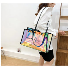 Laser Transparent Shopping Bag Casual Large Capacity Pvc Fruit Shoulder Bag Women'S Printed Letter Tote Bag Waterproof Handbag