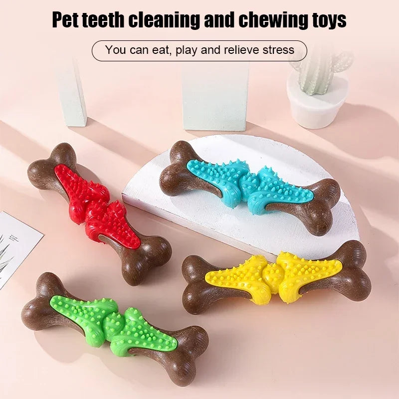 Dog Biting Toy Pet Teeth Grinding Stick Wooden TPR Material Bone Shape Cleaning Teeth Pet Training Supplies