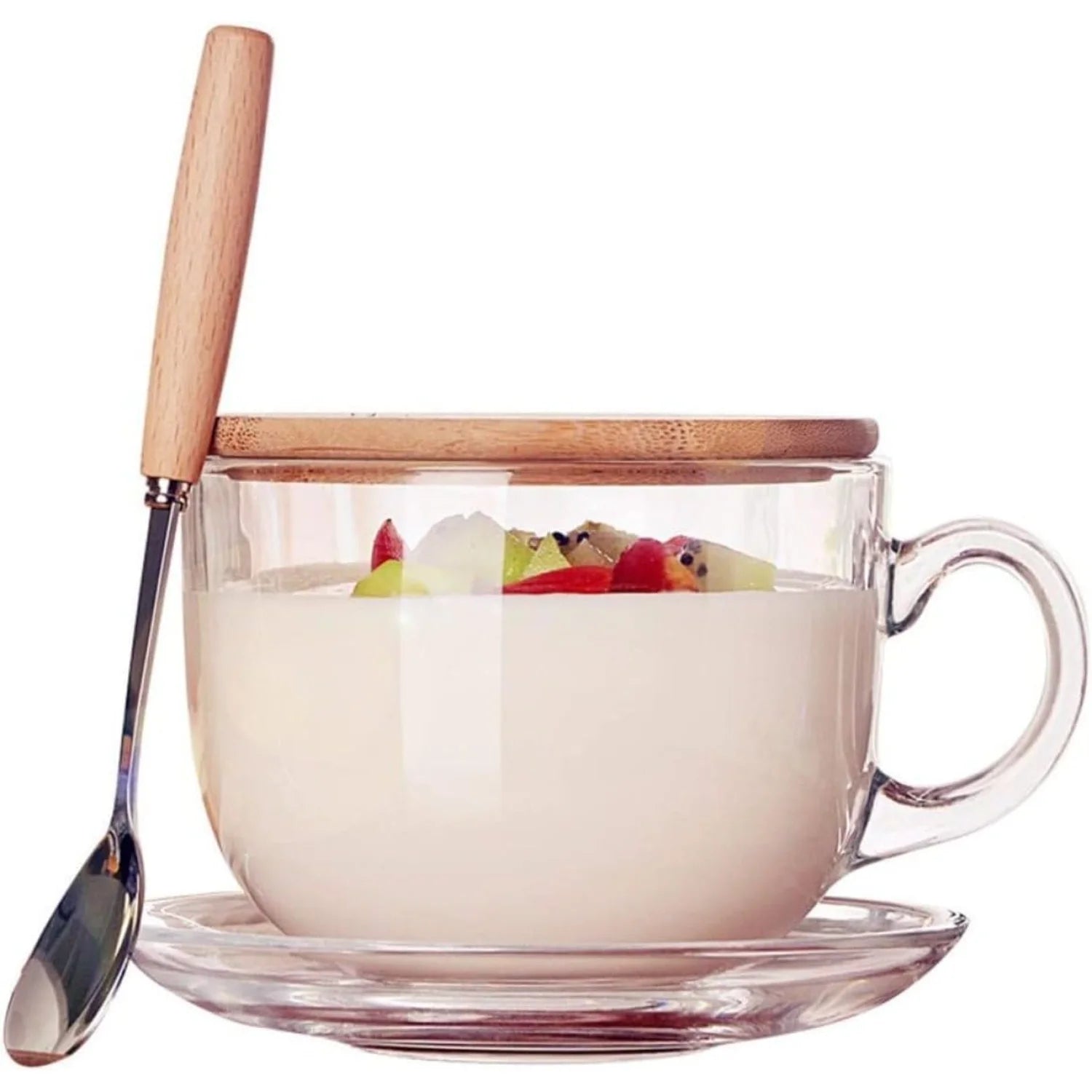 16oz Morning Mug Clear Glass Tea Cup Coffee Mug with Bamboo Lid and Saucer,Spoon Sauce cups