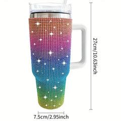 Sparkling Studded Tumbler With Lid, 40oz Stainless Steel Insulated Water Bottle With Handle, Portable Drinking Cups, For Car