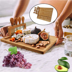 Rectangle Bamboo Cheese Board Set Unique Stainless Steel Cutlery Cheese Serving Meat Board for Gift Anniversary Man Women