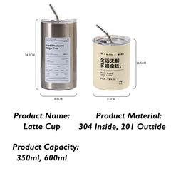 350ml/600ml Large Capacity Double-Deck 304 Stainless Steel Vacuum Cup With Straw Insulated Coffee Mug Outdoor Thermos Cup Office