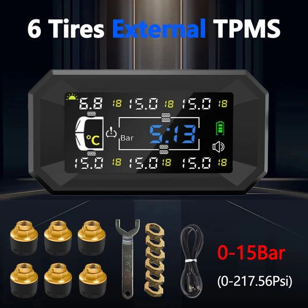 Car RV TPMS Solar USB Powered Tire Pressure Monitoring System Digital 8Bar/15Bar Tyre Monitor Auto Security Alarm 6 Wheels Teste