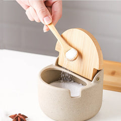 300ML Ceramic Seasoning Jar Bamboo Lid Jar with Spoon Wooden Sugar Salt Spices Storage Box Household Container Kitchen Supplies