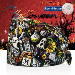 New Surgical Skull Printing Hats Adjustable Scrub Hat Beauty Salon Working Cap Laboratory Pet Shop Nursing Scrub Cap with Button