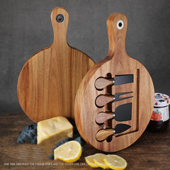 Bamboo Cheese Board Set Round Rotate Charcuterie Boards 4 Knives Sets Scoop Cut Cheese Platter Outdoor Tray Kitchen Tools