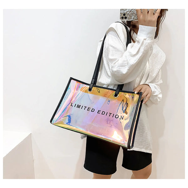 Laser Transparent Shopping Bag Casual Large Capacity Pvc Fruit Shoulder Bag Women'S Printed Letter Tote Bag Waterproof Handbag