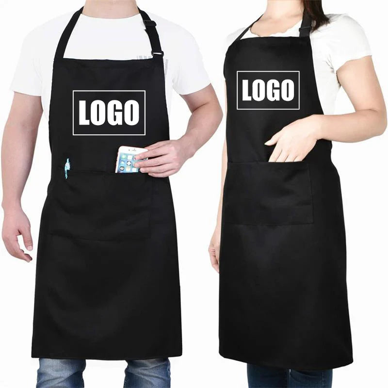 Large Size Waterproof Customized Print Embroidery Logo Signature Kitchen Home Chef Baking Clothes Pockets Adult Bib Waist Aprons