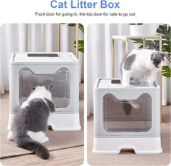 Front Entry Top Exit Cat Litter Tray Box with Scoop and Drawer Foldable Hooded Kitty Pet Toilet Extra Large