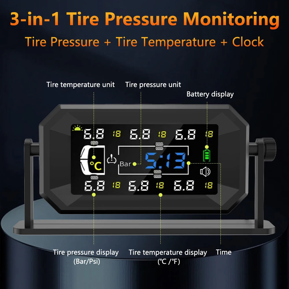 Car RV TPMS Solar USB Powered Tire Pressure Monitoring System Digital 8Bar/15Bar Tyre Monitor Auto Security Alarm 6 Wheels Teste