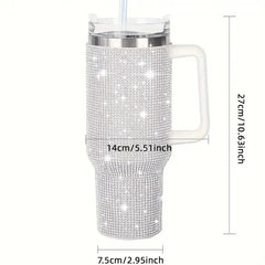 Sparkling Studded Tumbler With Lid, 40oz Stainless Steel Insulated Water Bottle With Handle, Portable Drinking Cups, For Car