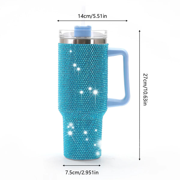 Sparkling Studded Tumbler With Lid, 40oz Stainless Steel Insulated Water Bottle With Handle, Portable Drinking Cups, For Car