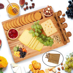 Rectangle Bamboo Cheese Board Set Unique Stainless Steel Cutlery Cheese Serving Meat Board for Gift Anniversary Man Women