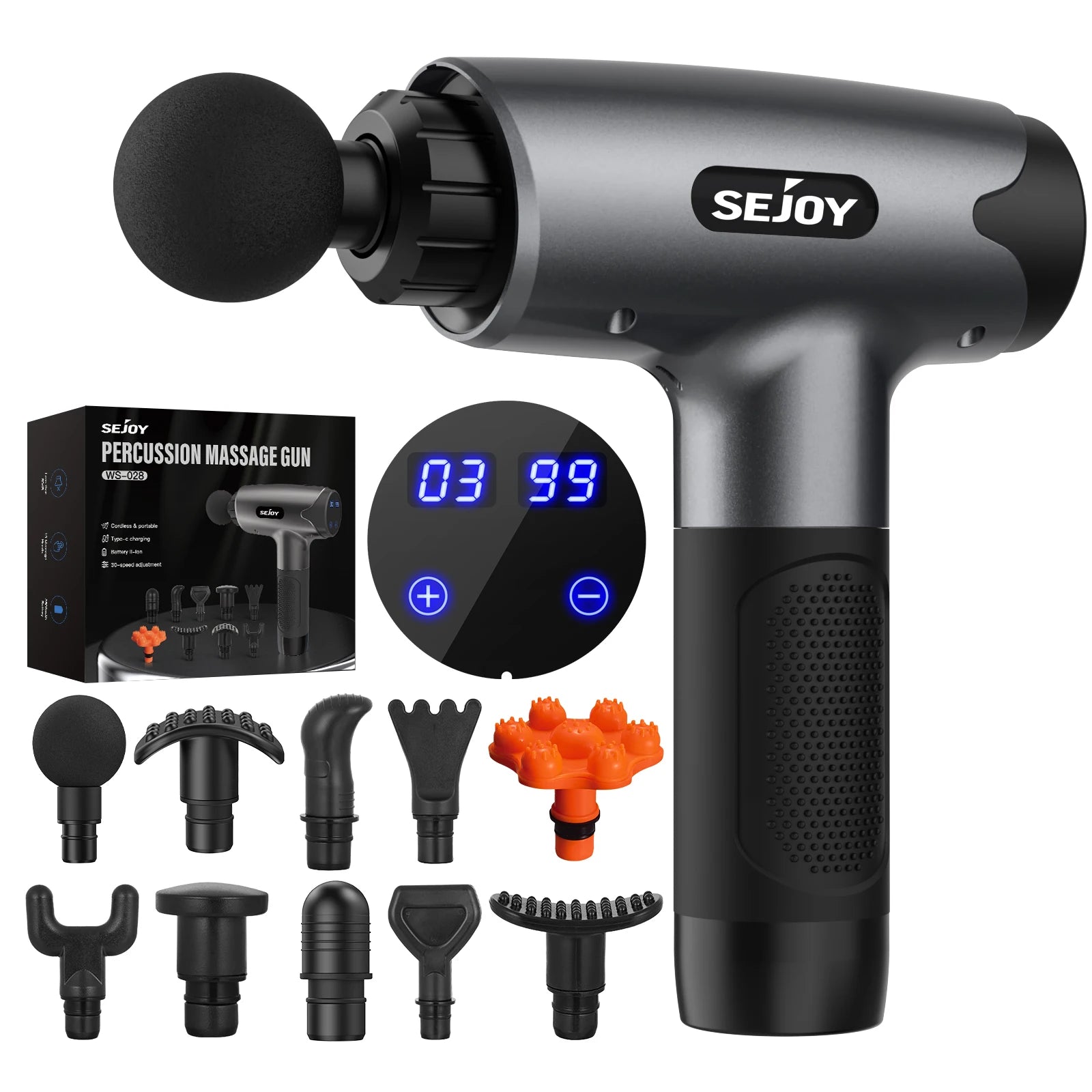 Sejoy WS-028 Fascia Gun Tissue Massager 30 Speeds Lightweight Body Massage with LED Touch Screen 10 Replaceable Massage Heads