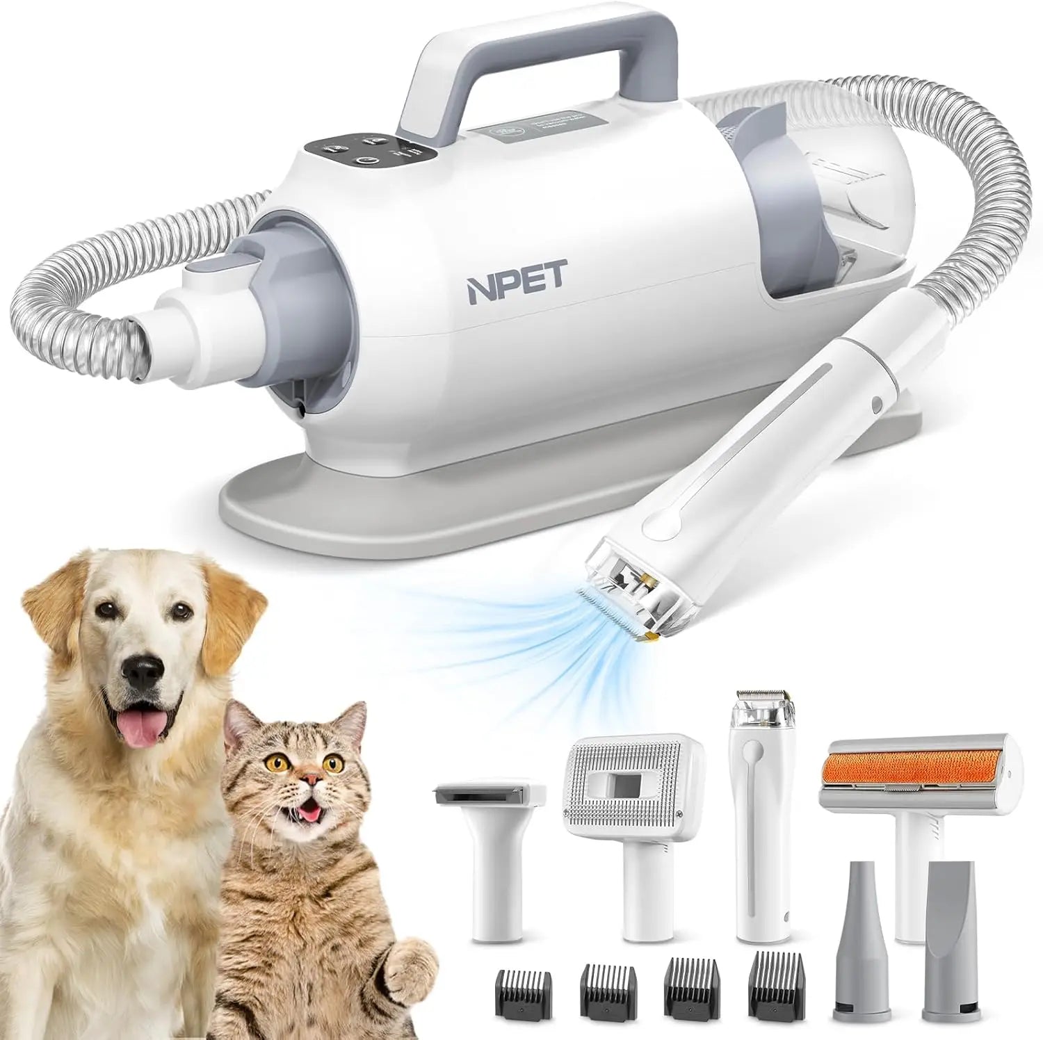 NPET Dog Grooming Kit with 6 Grooming Tools, Pet Hair Vacuum Suction & Dryer 2 in 1 for Shedding Thick & Thin Dogs Cats Pet Hair